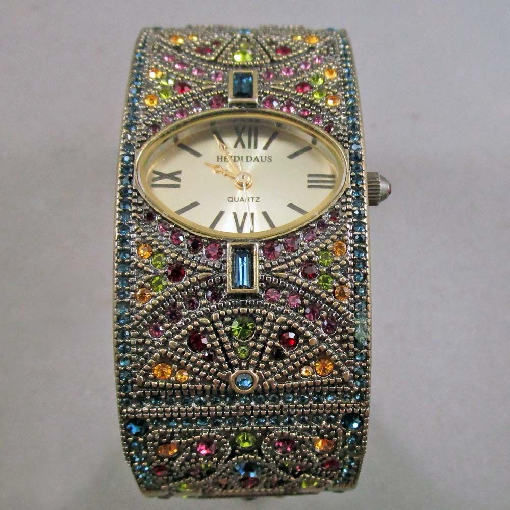 NEW BATTERY HEIDI DAUS ART DECO MULTICOLOR CRYSTALS HINGED BRACELET WATCH IN BOX